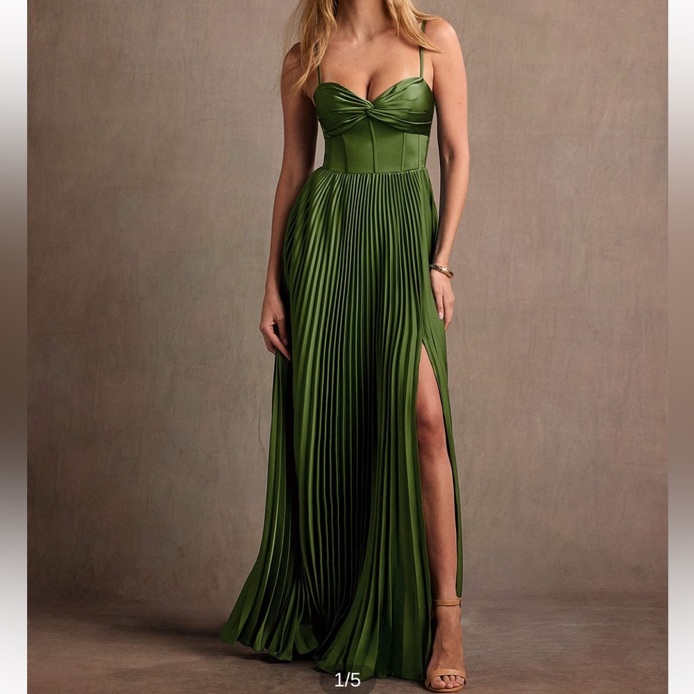 Tyla Olive Green Pleated Maxi Dress Azazie Atelier